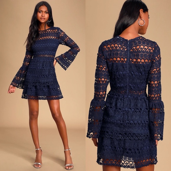 Lulus Dresses & Skirts - Lulus | Love You Lots Navy Blue Crochet Lace Flounce Sleeve Mini Dress